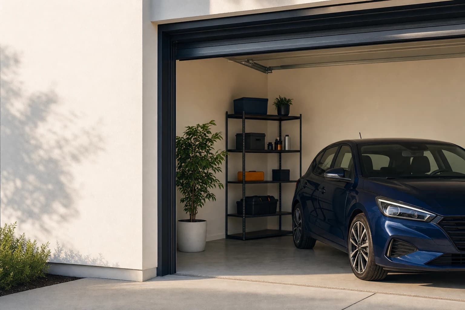 A car waiting in a bright, tidy garage