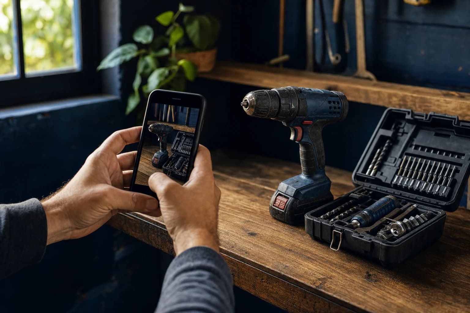 Hands photographing a power drill and toolkit for a rental listing