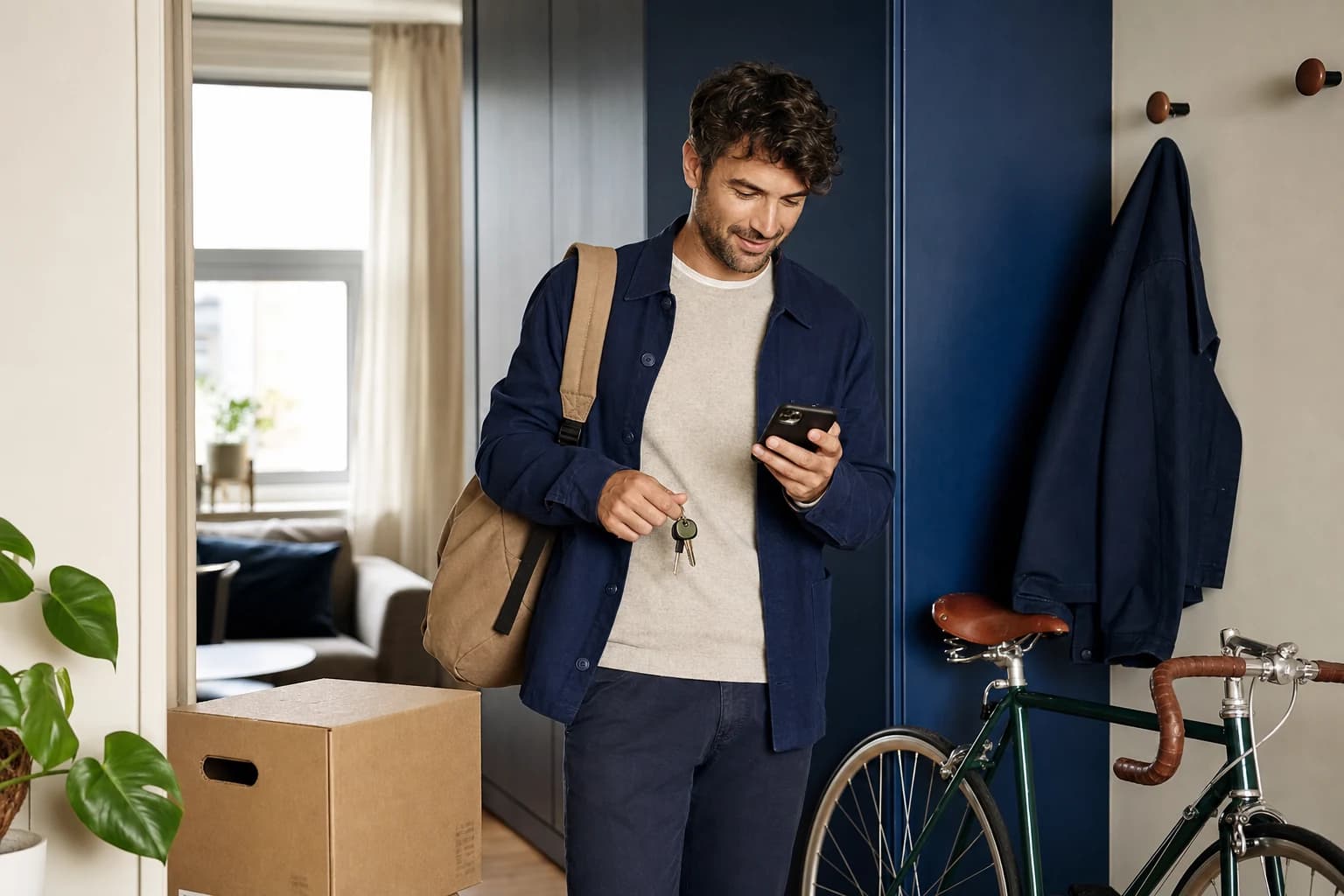 A renter checking their phone beside a bicycle and moving box
